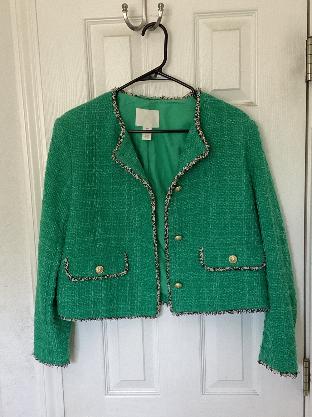 H&M Emerald Green Tweed Cropped Blazer with Gold Buttons